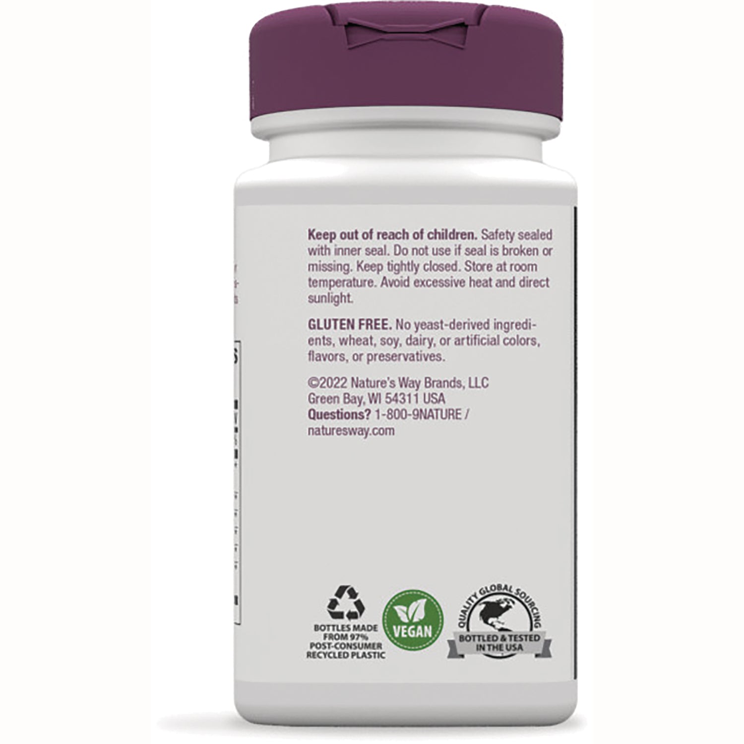NW558 | Back of white supplement bottle showing safety warnings, GLUTEN FREE text and recycling and vegan icons