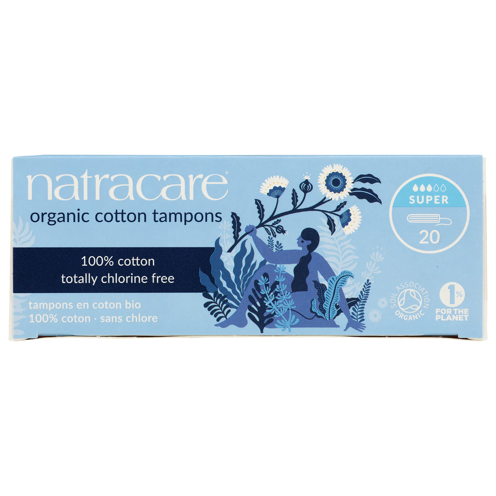 NCR002 | Natracare organic cotton tampons box, super absorbency, 20 count, blue packaging - Thumbnail