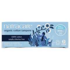 NCR002 | Natracare organic cotton tampons box, super absorbency, 20 count, blue packaging