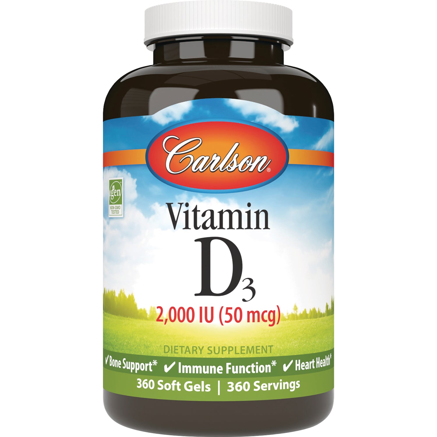 CSN026 | Carlson Vitamin D3 2,000 IU (50 mcg) dietary supplement bottle, 360 soft gels