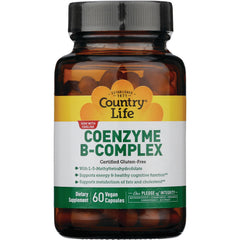 CRL216 | Country Life Coenzyme B-Complex dietary supplement bottle front label showing 60 Vegan Capsules and Certified Gluten-Free