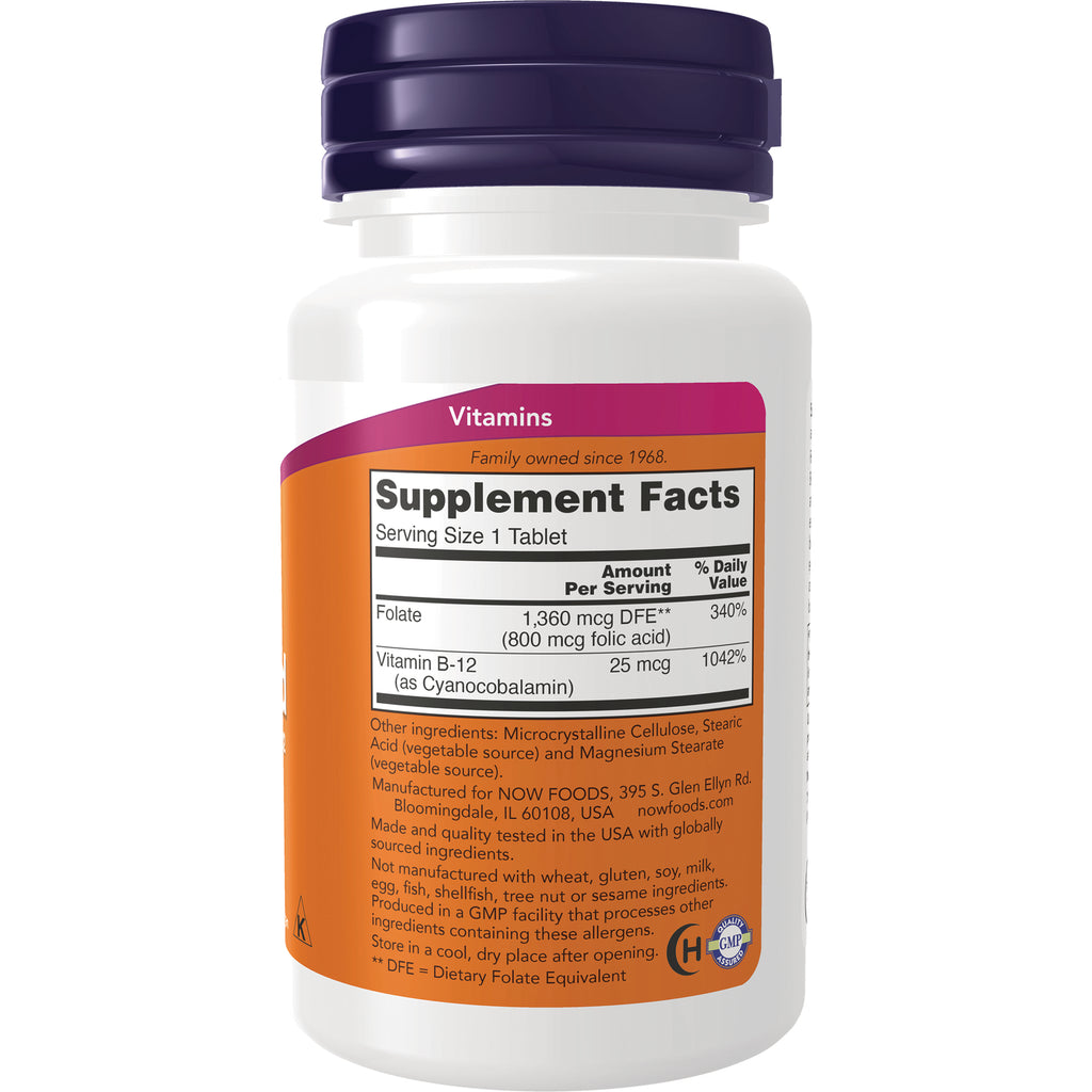 NWF046 | Bottle back label with Supplement Facts showing serving size 1 tablet, folate 1,360 mcg DFE and vitamin B-12 25 mcg - Thumbnail