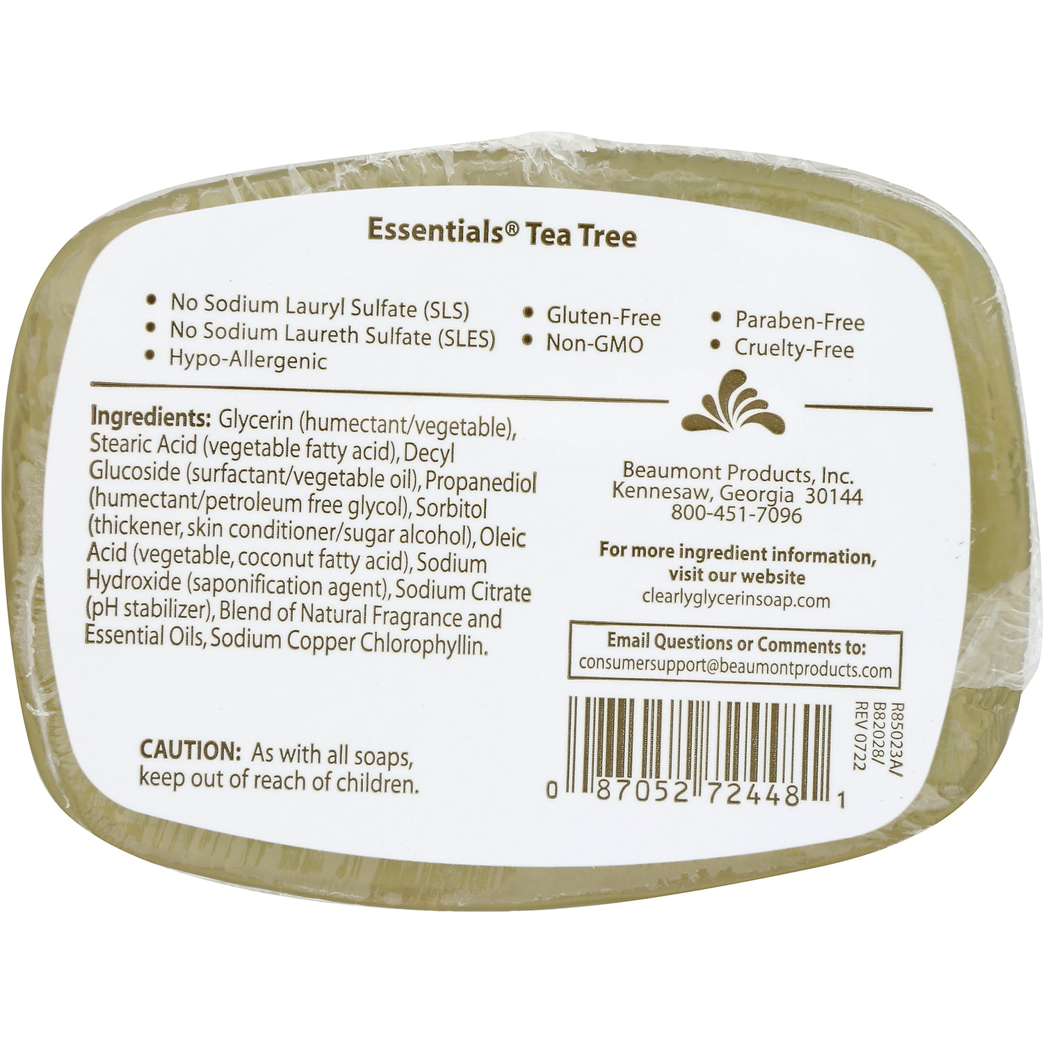 CLN033 | Back label of Tea Tree soap showing ingredients, product claims and barcode