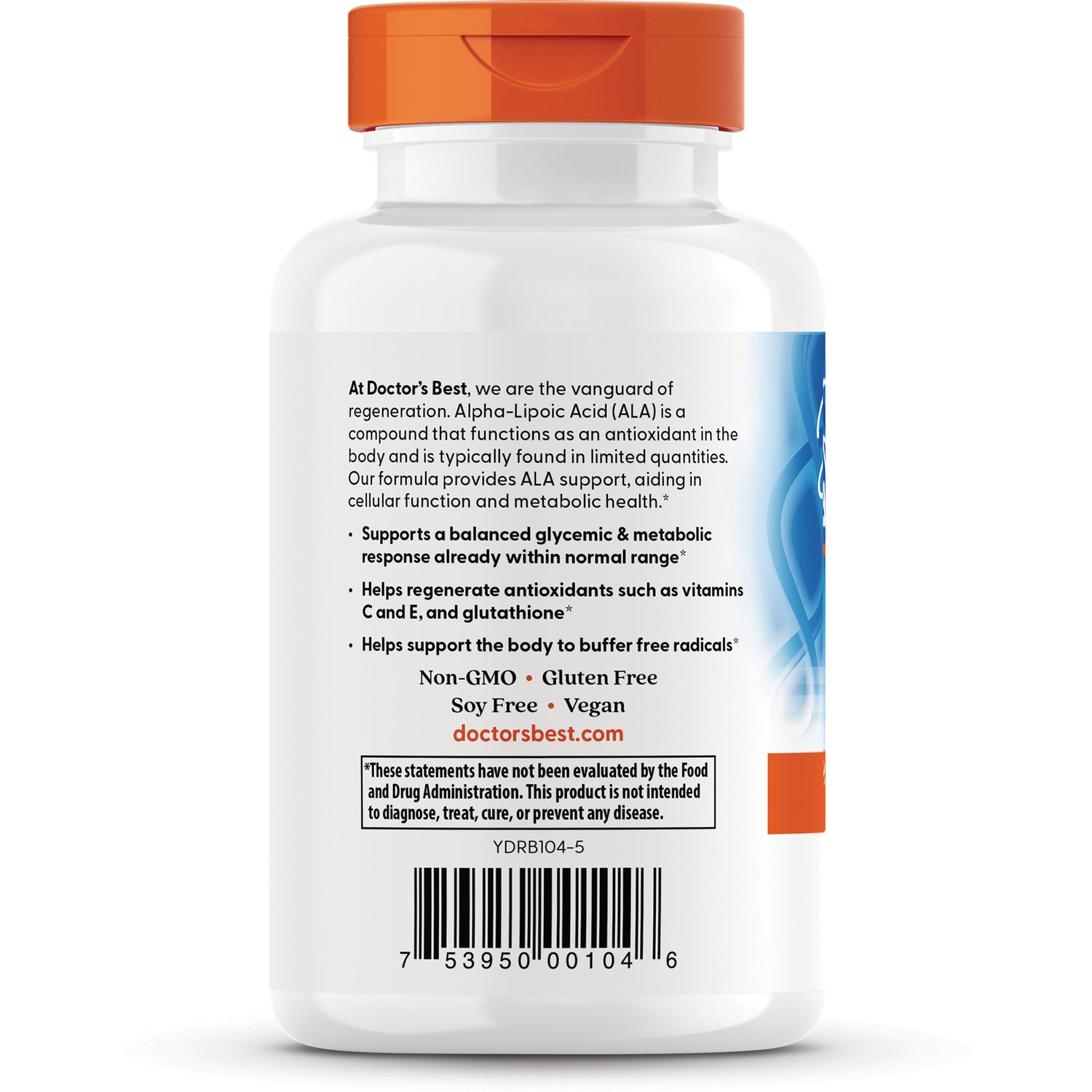 DB125 | back label of white supplement bottle showing product benefits, Non-GMO Gluten Free Vegan claims and barcode