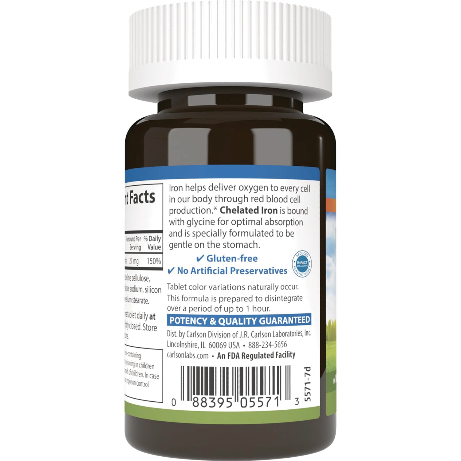 CSN198 | Back of supplement bottle showing supplement facts panel, potency & quality guaranteed statement and barcode