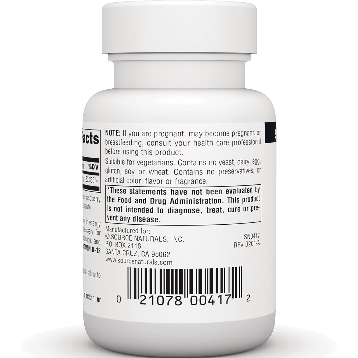 SN457 | Back label of supplement bottle with warnings, FDA disclaimer, manufacturer info, and barcode