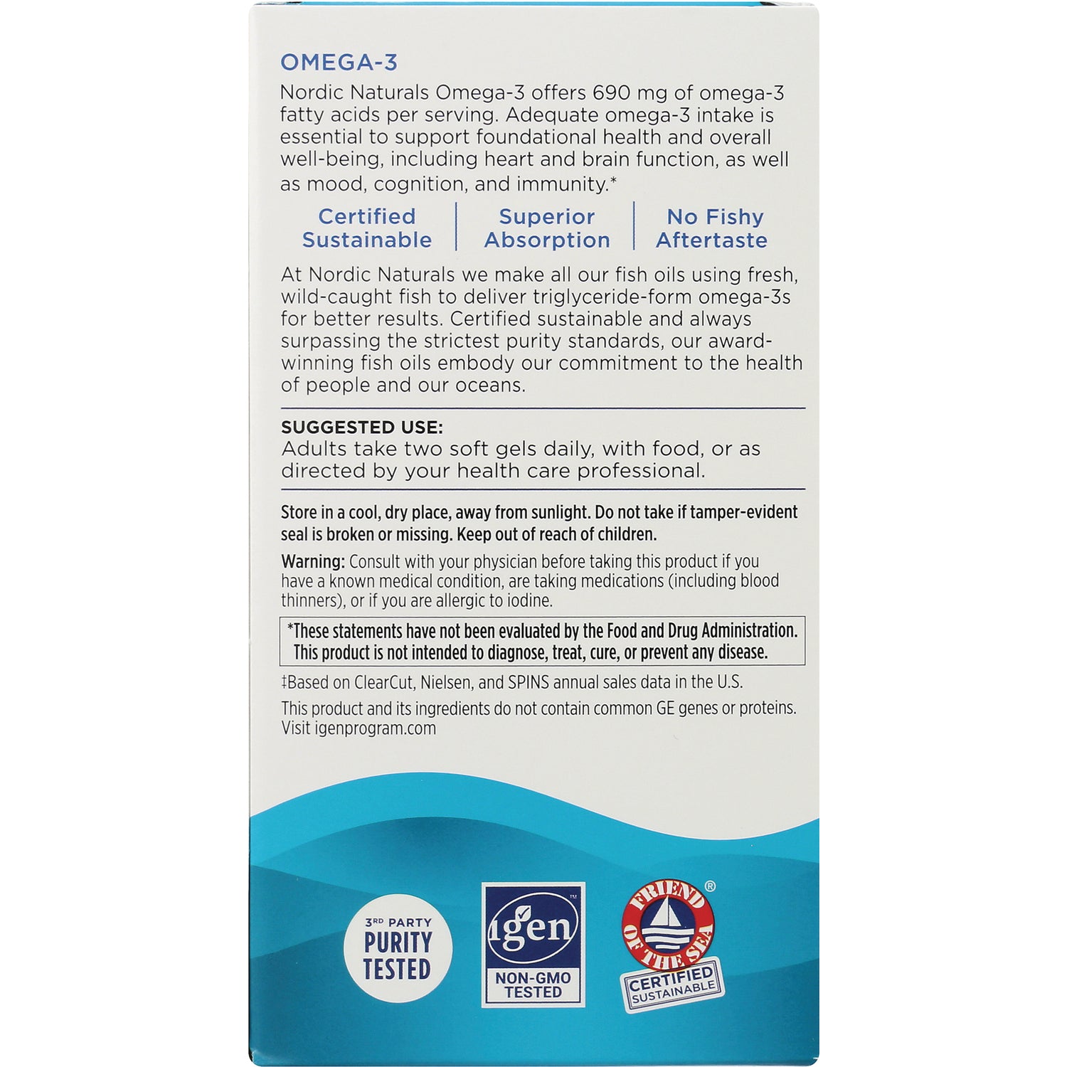 NRN027 | Back panel showing suggested use, warnings, supplement text and purity tested, non-GMO, certified sustainable badges