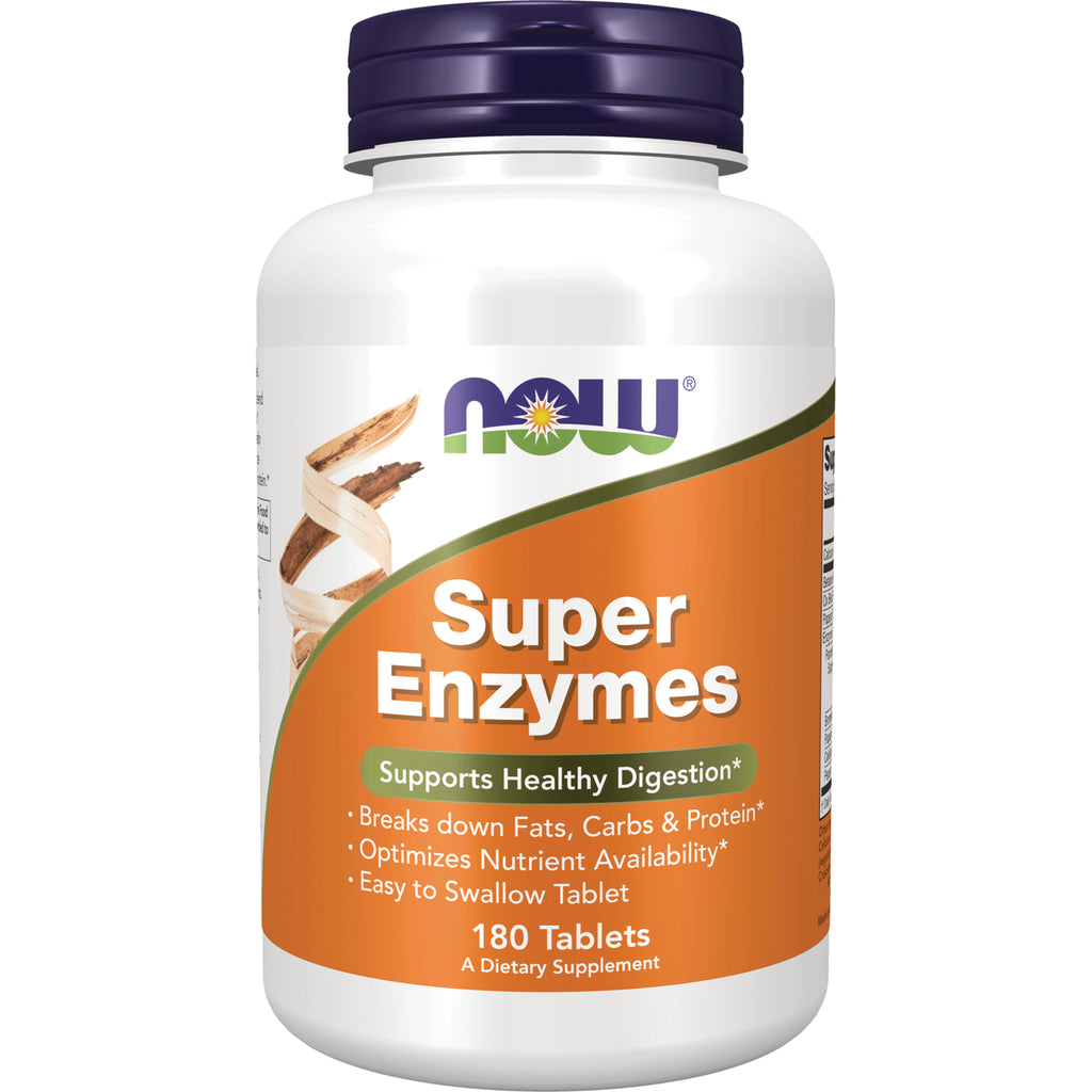 NWF782 | Now Super Enzymes dietary supplement bottle with orange label showing Super Enzymes and 180 Tablets - Thumbnail