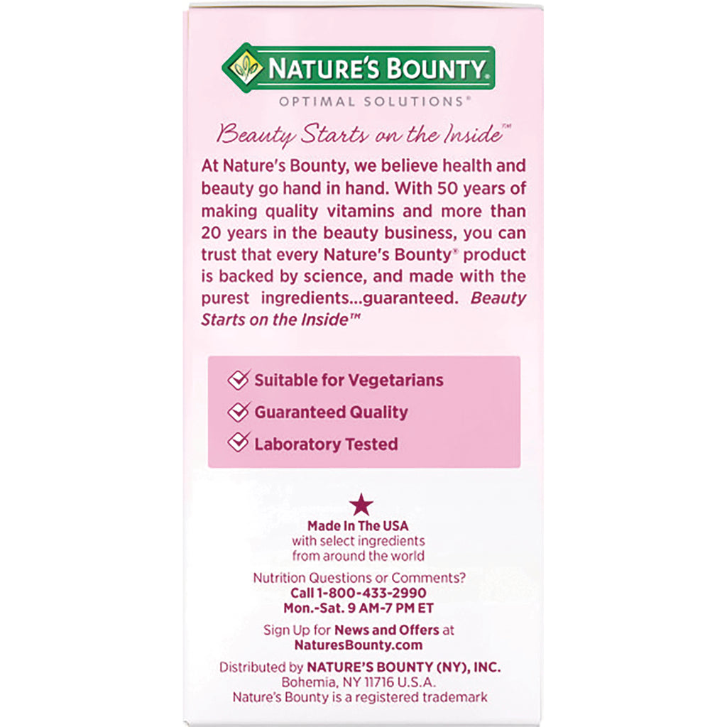 NBY105 | Back of pink Nature's Bounty box showing brand text, vegetarian and quality badges, Made in the USA and contact info - Thumbnail