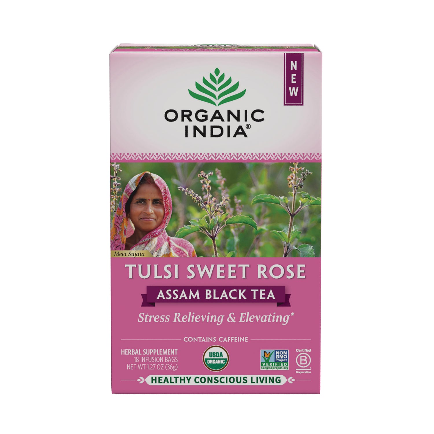 RGN106 | Organic India Tulsi Sweet Rose Assam Black Tea box front with woman and product name