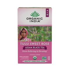 RGN106 | Organic India Tulsi Sweet Rose Assam Black Tea box front with woman and product name