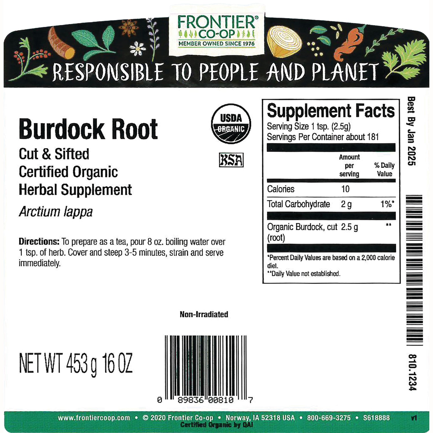 FNP391 | Back label of Frontier Co-op Burdock Root organic herbal supplement showing supplement facts, directions, and net wt 453 g 16 OZ