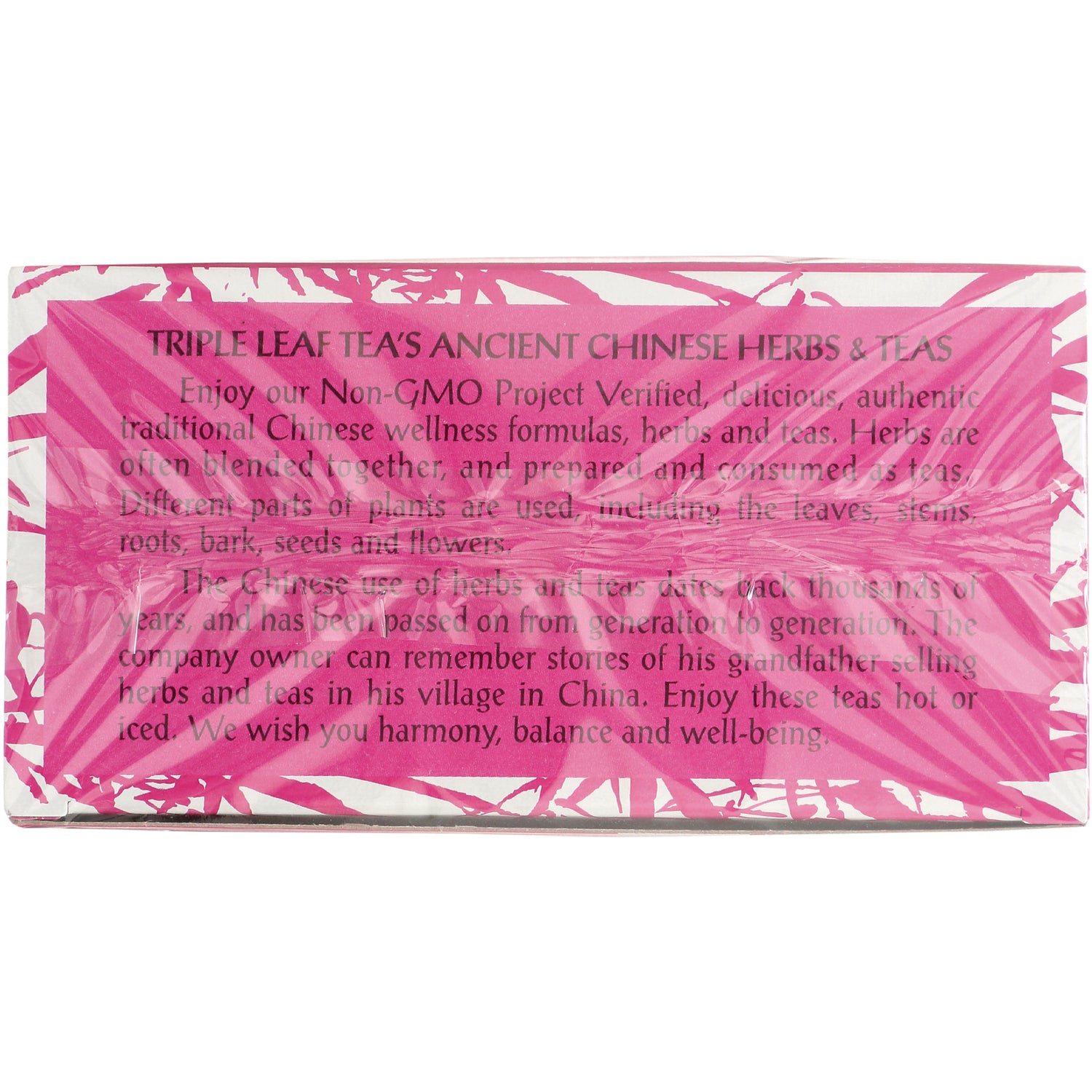 TLT017 | Back panel of Triple Leaf Tea box with story text and Non-GMO Project Verified mention