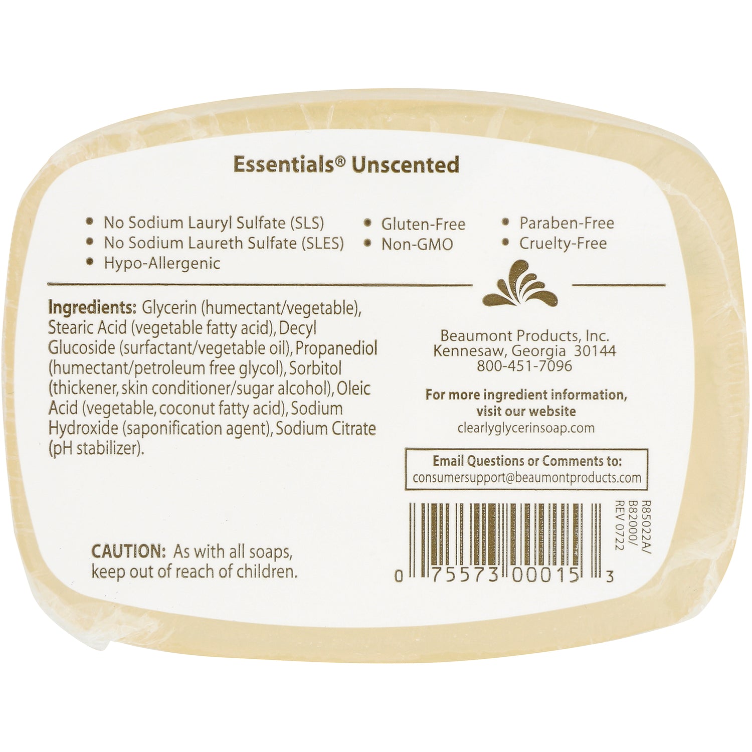 CLN006 | Back label of unscented soap showing ingredients, cautions, and barcode