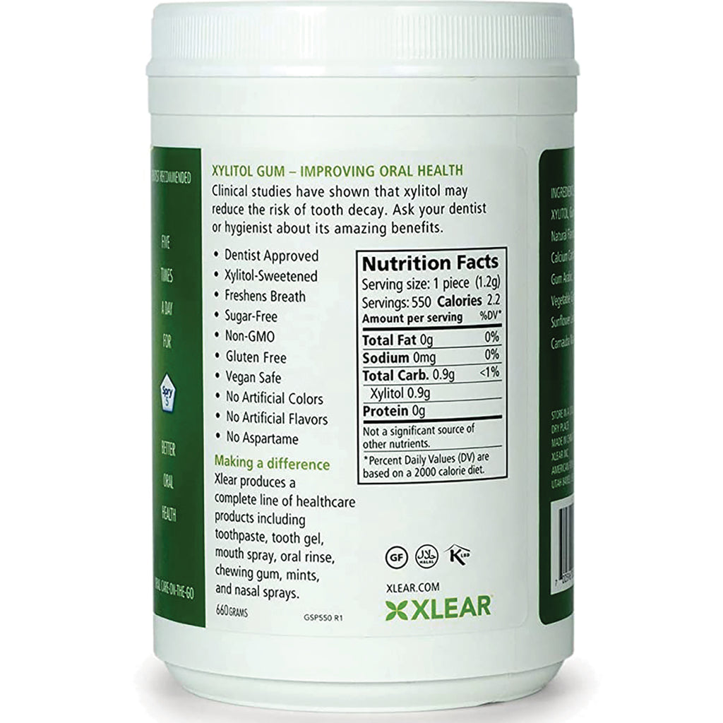 XL039 | Back label of Xlear Xylitol gum jar with Nutrition Facts and benefit bullets - Thumbnail