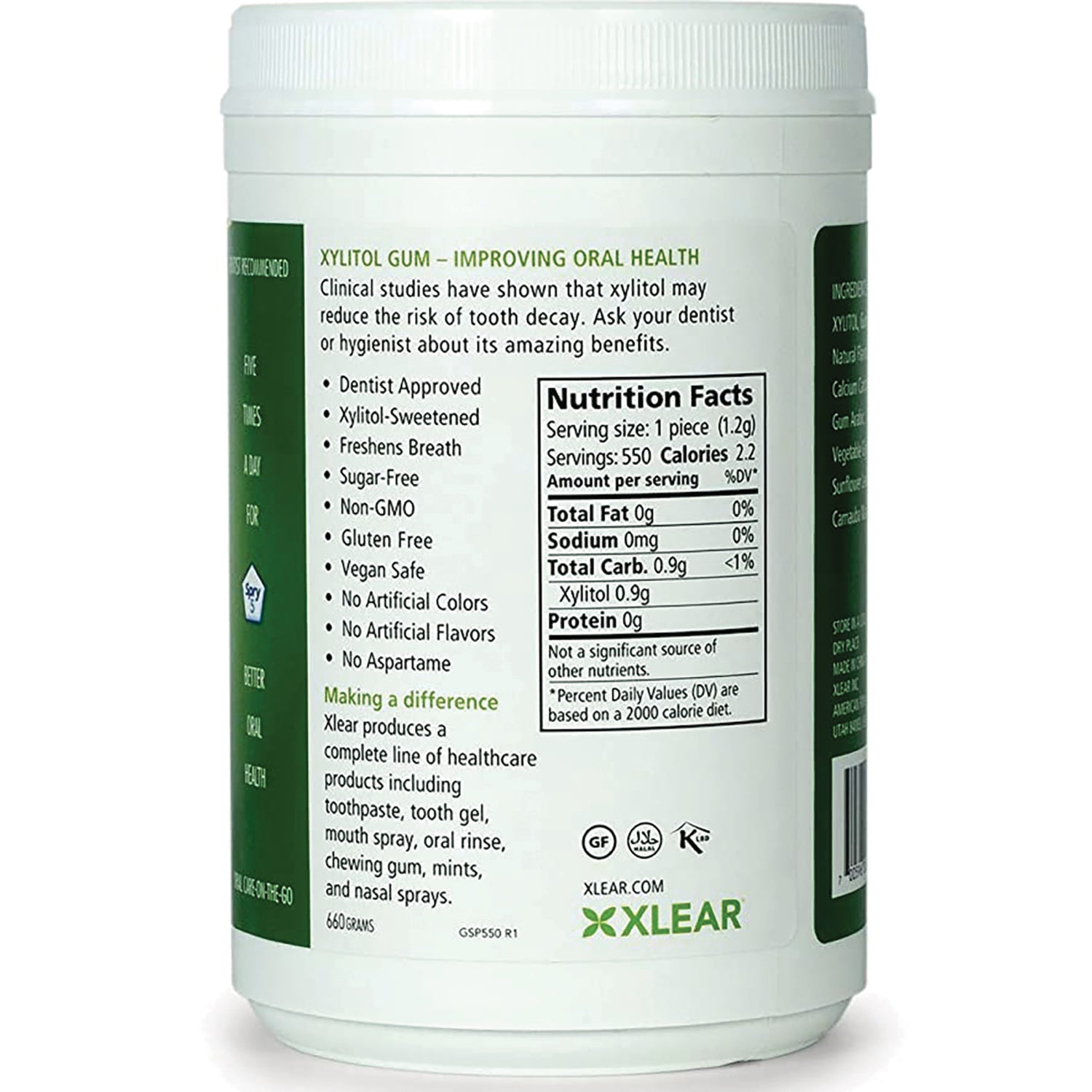 XL039 | Back label of Xlear Xylitol gum jar with Nutrition Facts and benefit bullets
