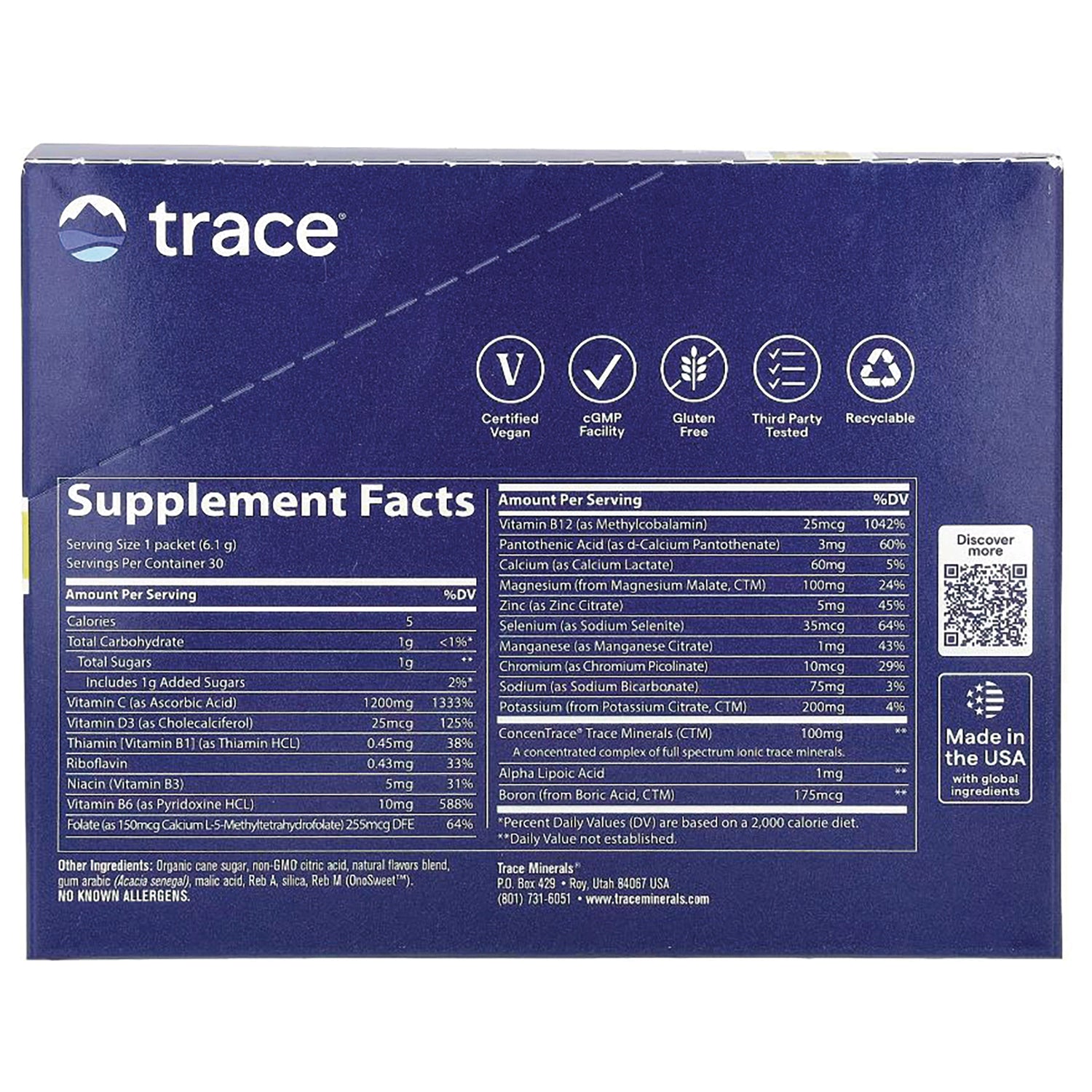 TM122 | Trace supplement box back showing Supplement Facts, certifications, QR code, and Made in USA badge