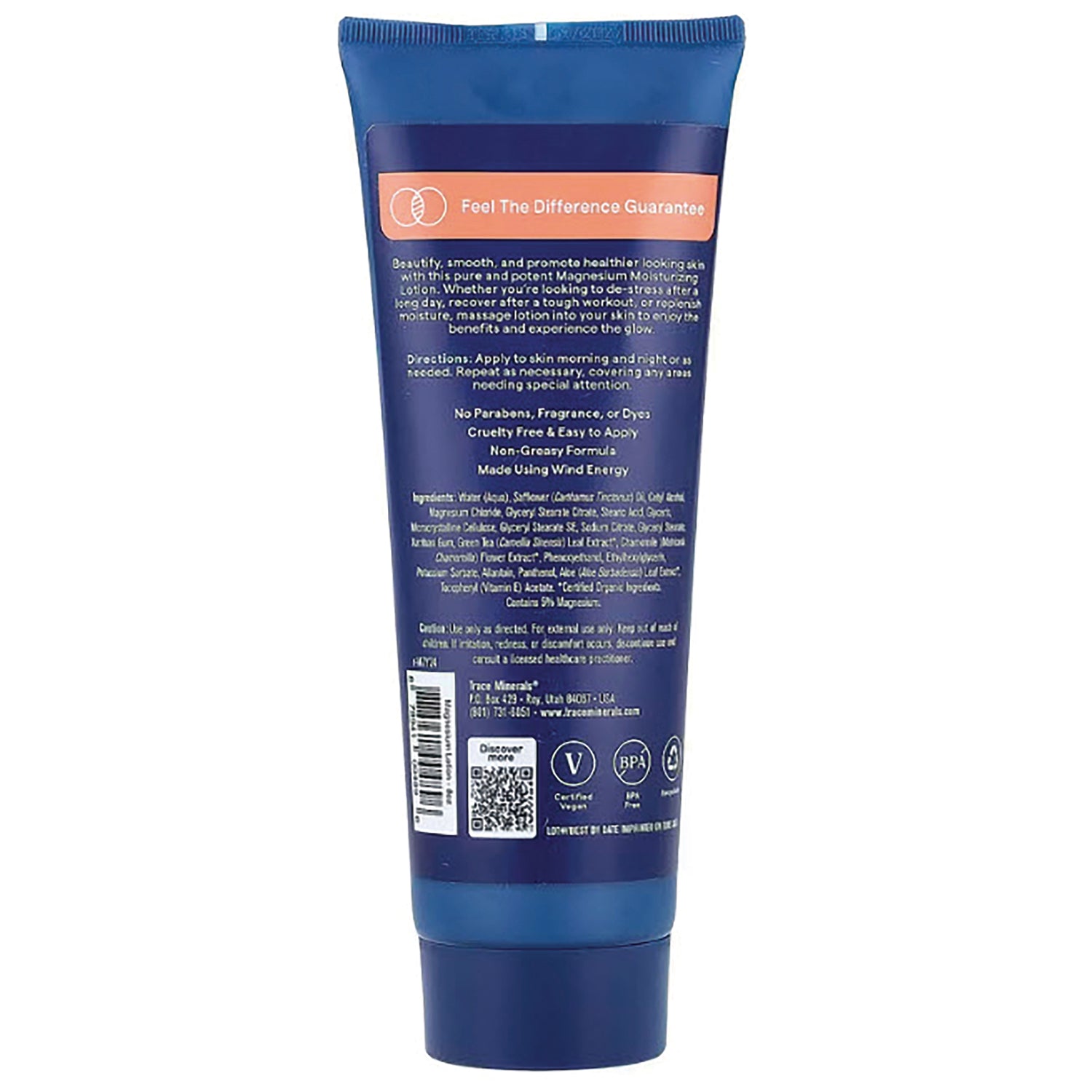 TM089 | Back of magnesium moisturizing lotion tube with directions, ingredients, QR code, and vegan/BPA-free icons