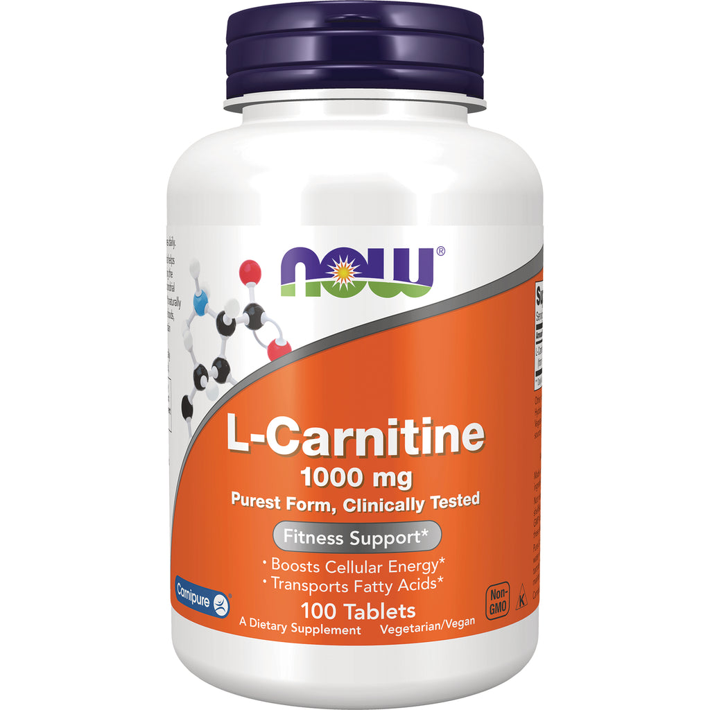 NWF1053 | NOW L-Carnitine 1000 mg white bottle with orange label, 100 tablets dietary supplement - Thumbnail
