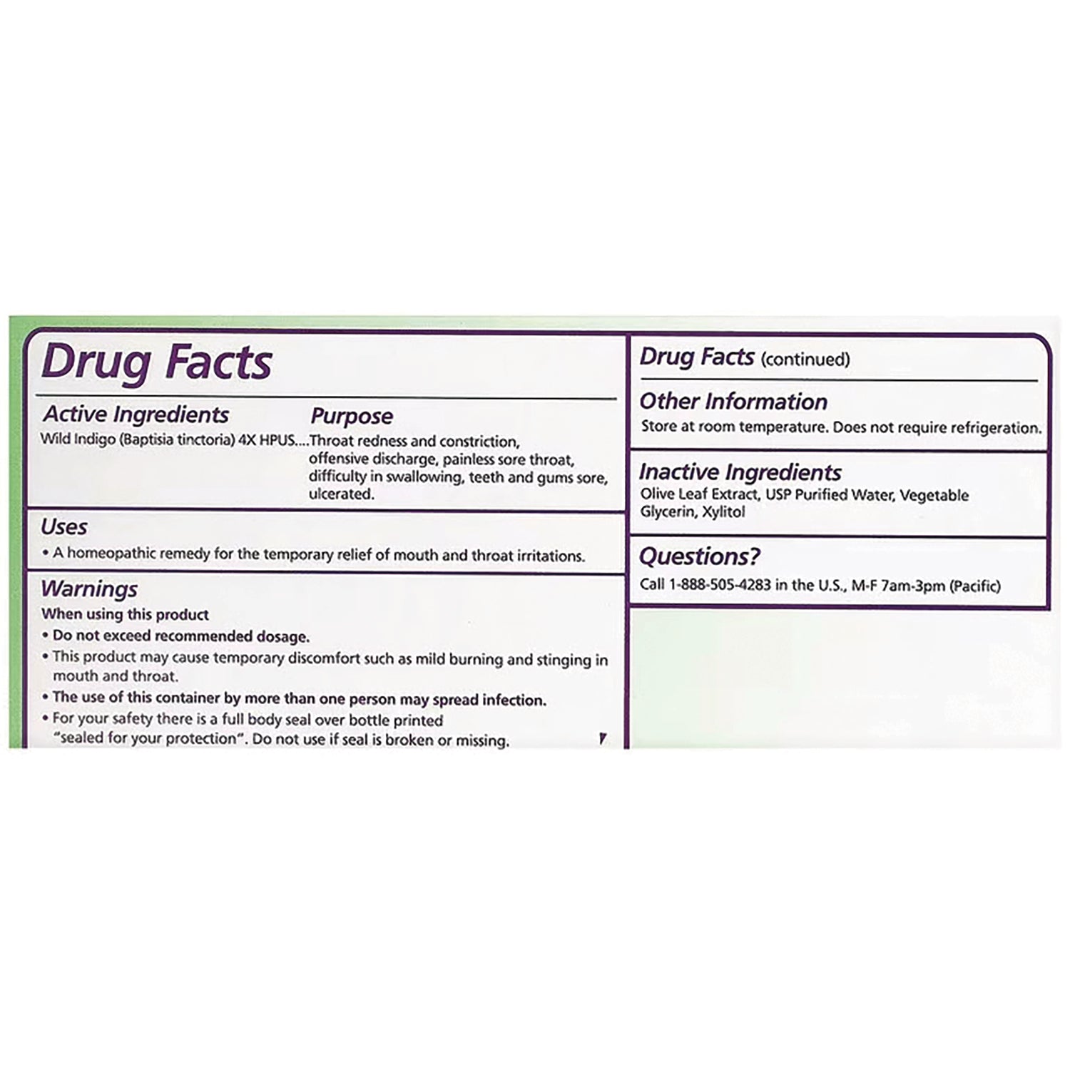 SEG006 | back label showing Drug Facts table with active and inactive ingredients, uses and warnings