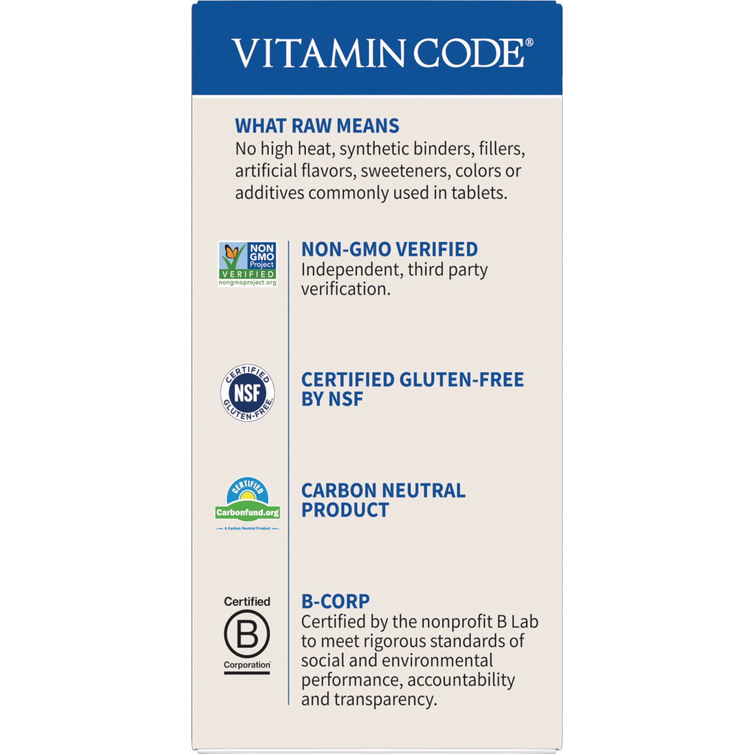 GLF033 | back panel listing Non-GMO Verified, certified gluten-free by NSF, carbon neutral product, and B-Corp certification