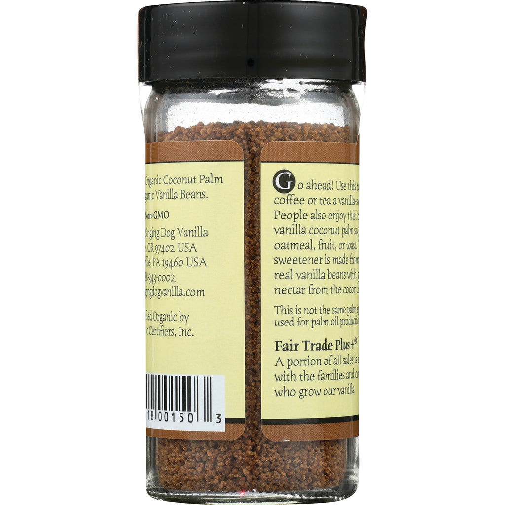 SDV006 | Back label of jar showing ingredient text, barcode, and Fair Trade Plus on brown granulated sweetener - Thumbnail