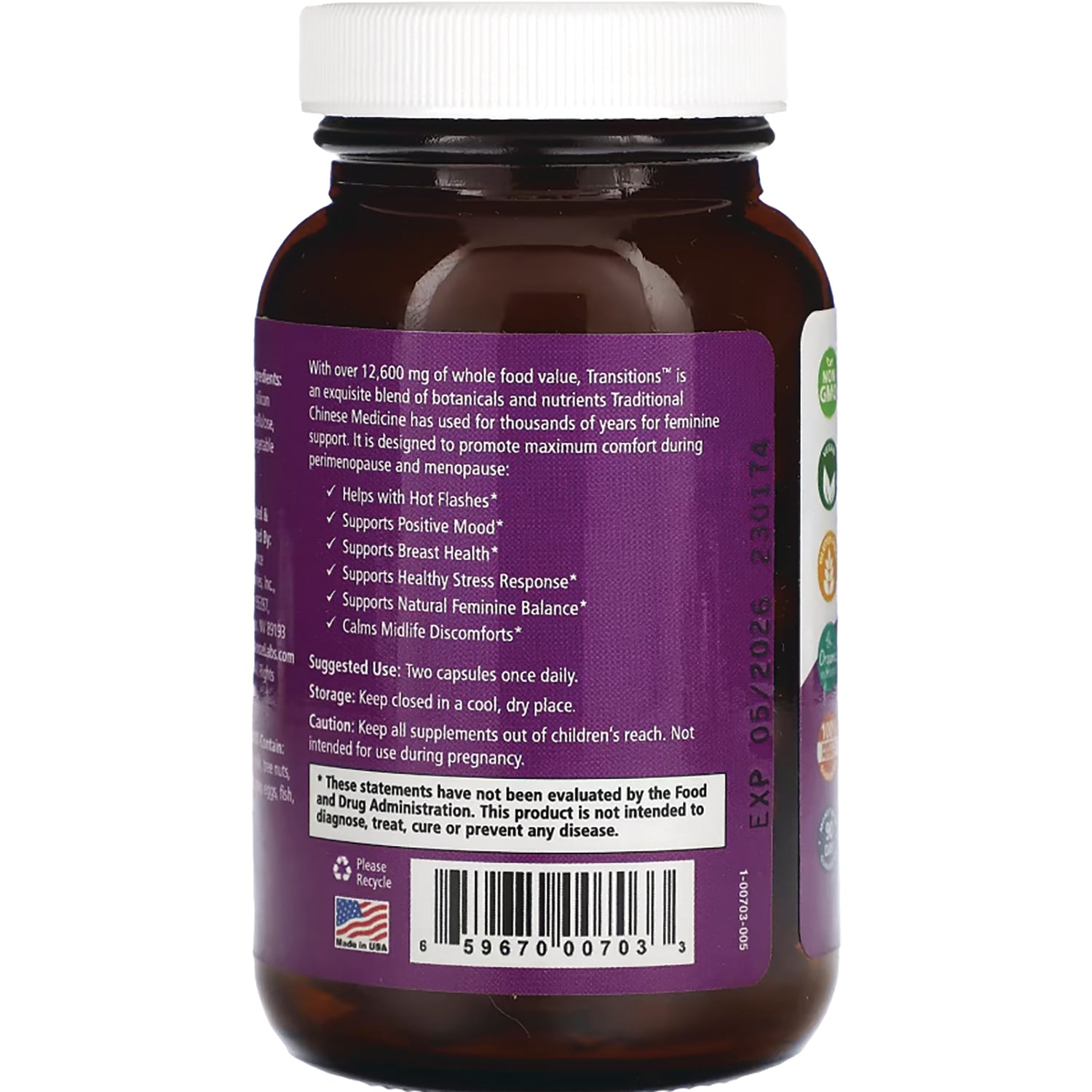 PEL053 | Back of brown supplement bottle with purple label showing usage directions, warnings, and barcode
