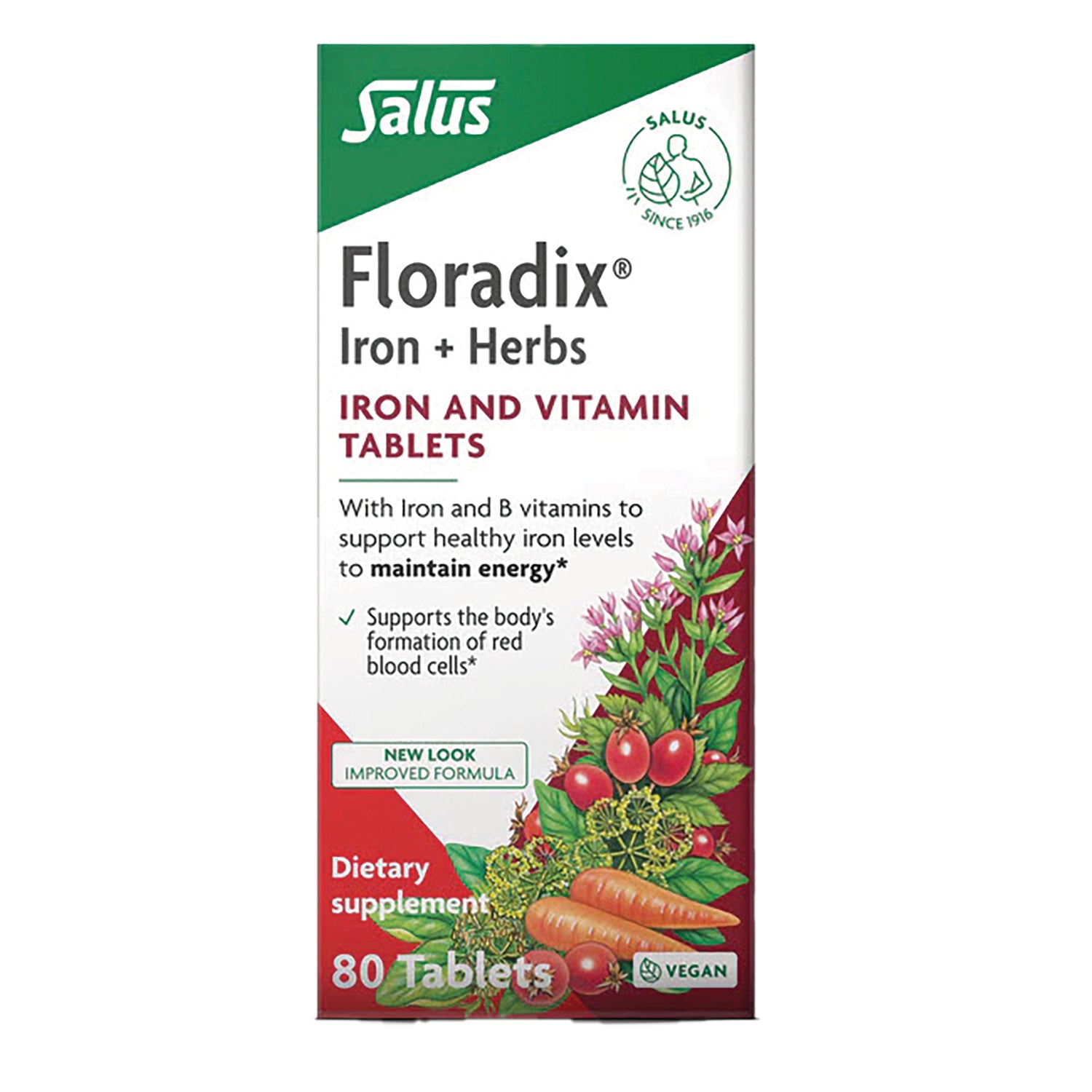 FDX007 | Floradix Iron + Herbs box showing iron and vitamin tablets dietary supplement, 80 tablets, vegan