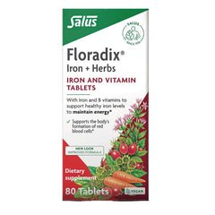 FDX007 | Floradix Iron + Herbs box showing iron and vitamin tablets dietary supplement, 80 tablets, vegan
