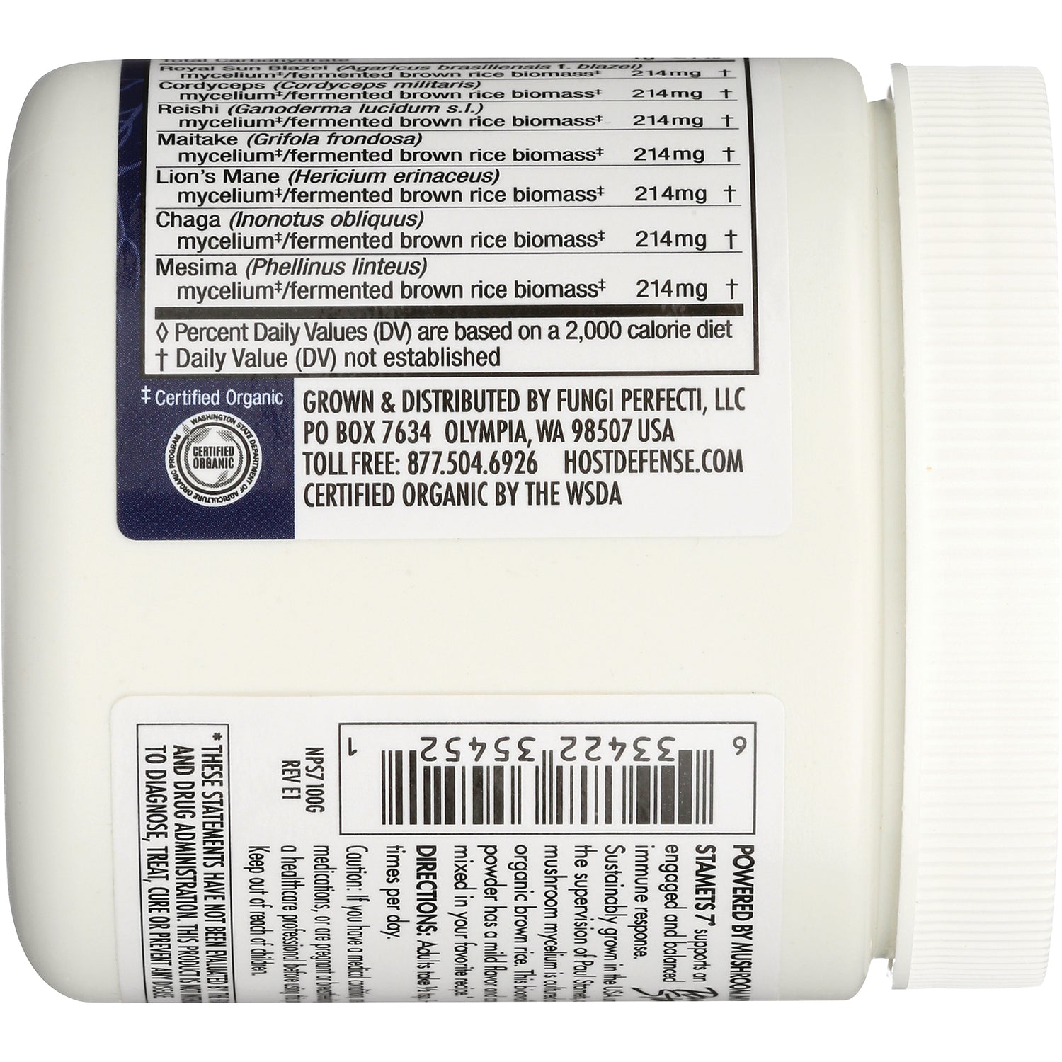 FUN029 | Back label of white supplement bottle showing supplement facts table, certified organic seal, barcode and directions