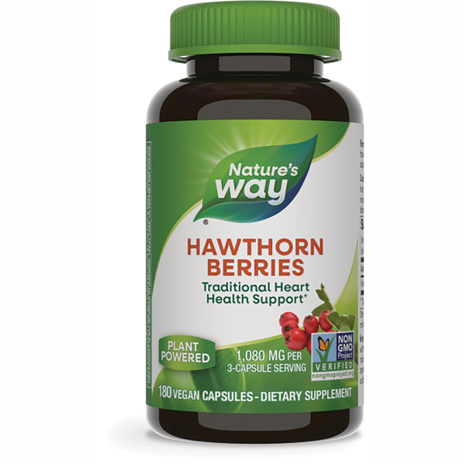 NW735 | Nature's Way Hawthorn Berries brown supplement bottle with green cap and label reading Traditional Heart Health Support