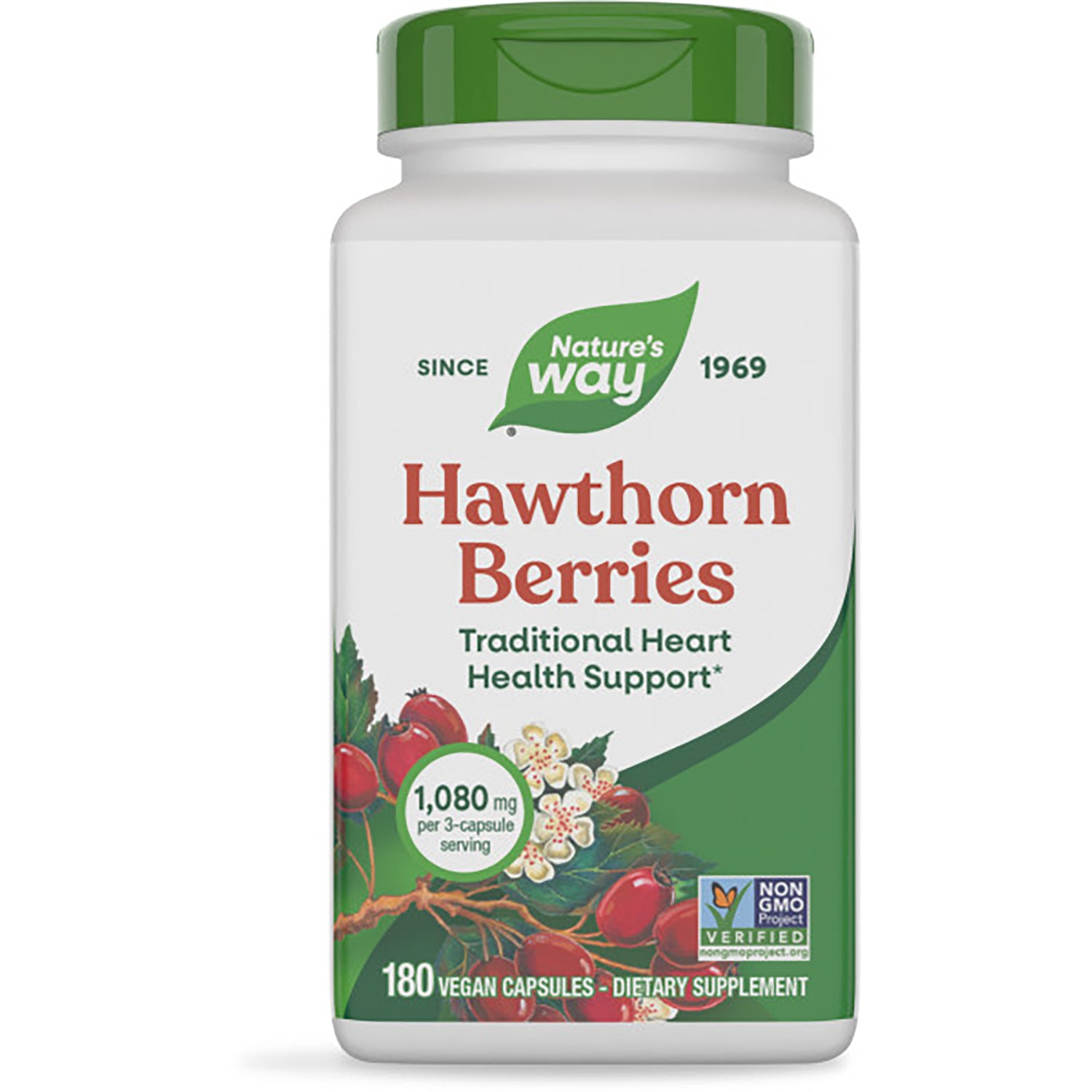 NW735 | Nature's Way Hawthorn Berries brown supplement bottle with green cap and label reading Traditional Heart Health Support