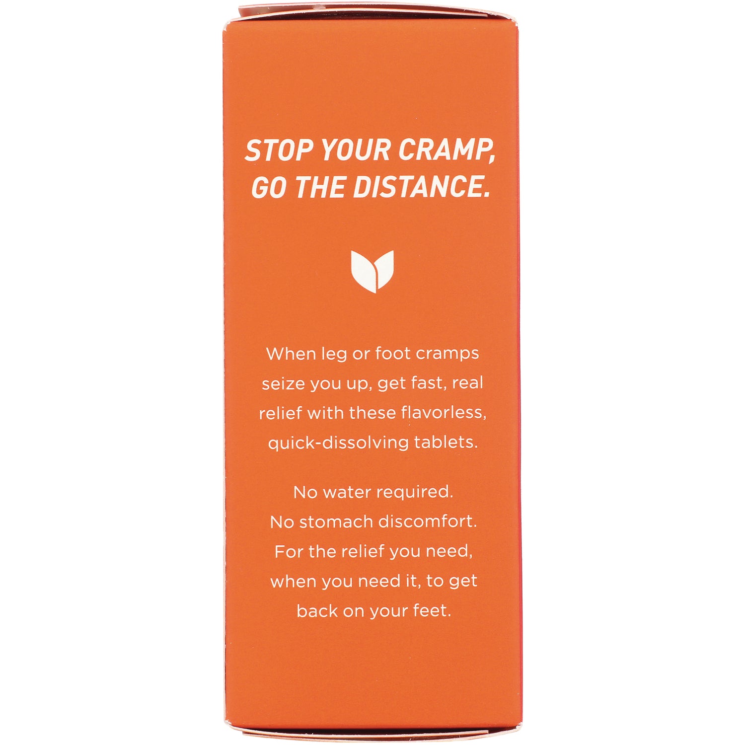 HY201 | Orange box side with white text STOP YOUR CRAMP, GO THE DISTANCE and description of flavorless quick-dissolving tablets