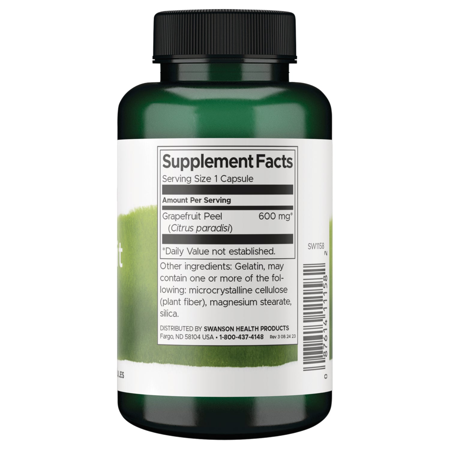 SW1158 | Back label with Supplement Facts panel for grapefruit peel 600 mg capsules; ingredients and distributor info