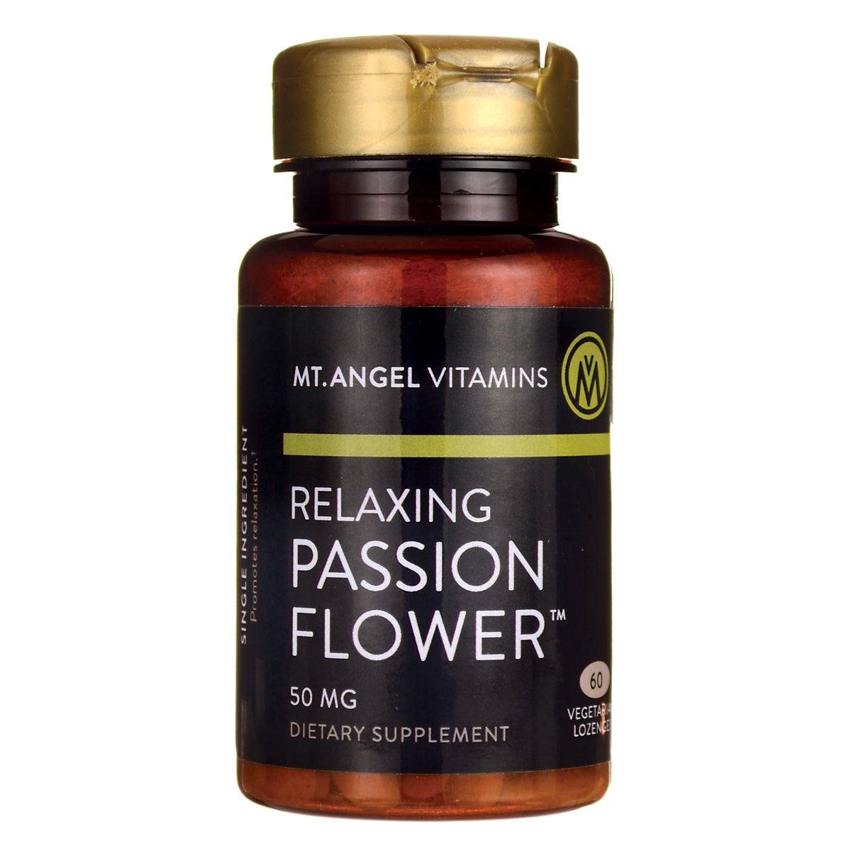 MAV016 | MT.ANGEL VITAMINS Relaxing Passion Flower 50 MG dietary supplement bottle front, 60 vegetarian lozenges