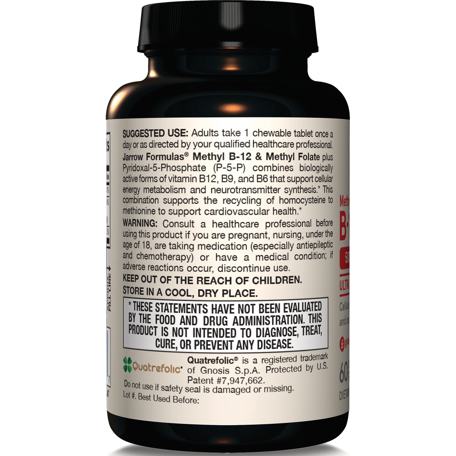 JR307 | Back label of supplement bottle showing suggested use, warnings, storage instructions and FDA disclaimer