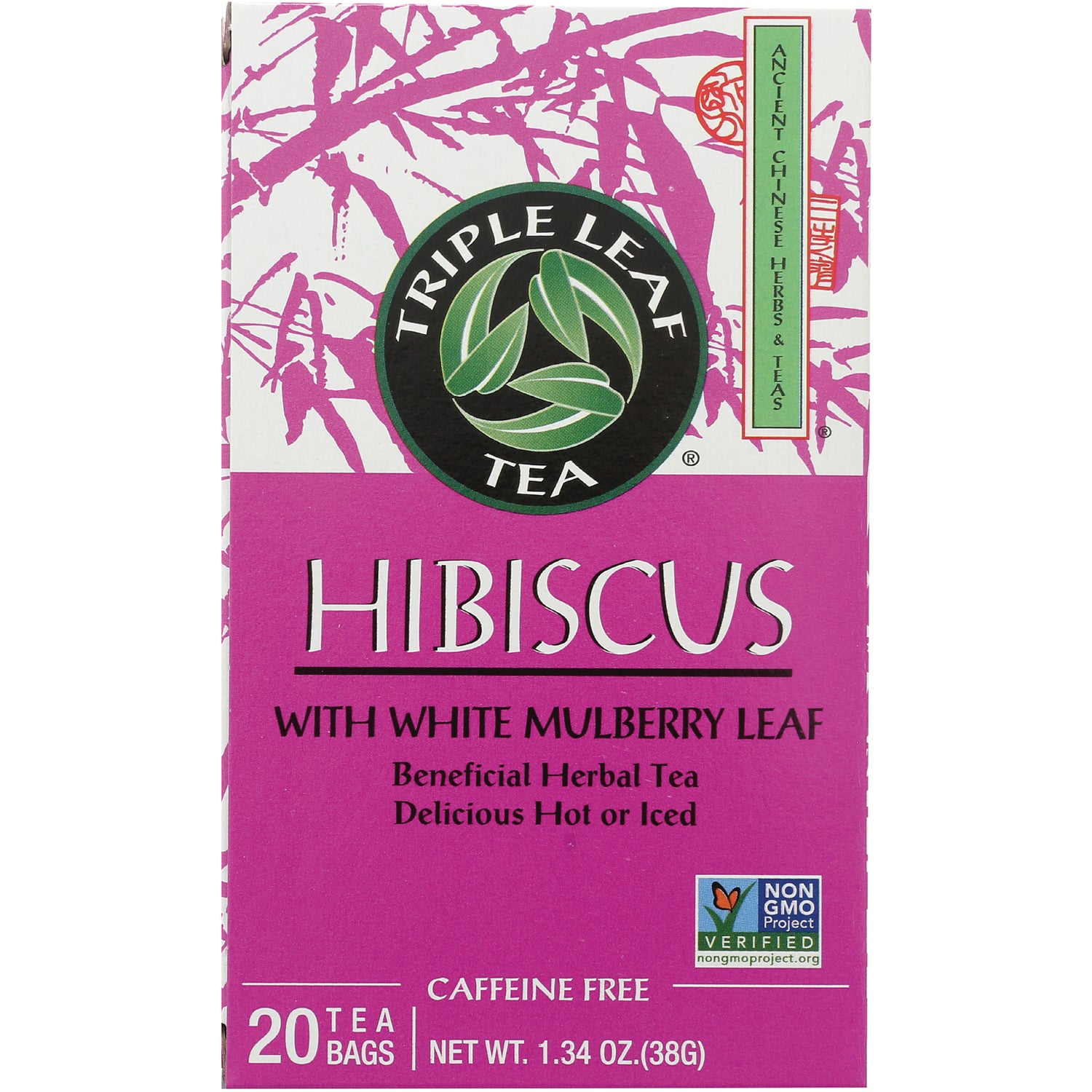 TLT024 | Triple Leaf Tea Hibiscus with White Mulberry Leaf box, 20 tea bags, caffeine free, Non-GMO Project Verified