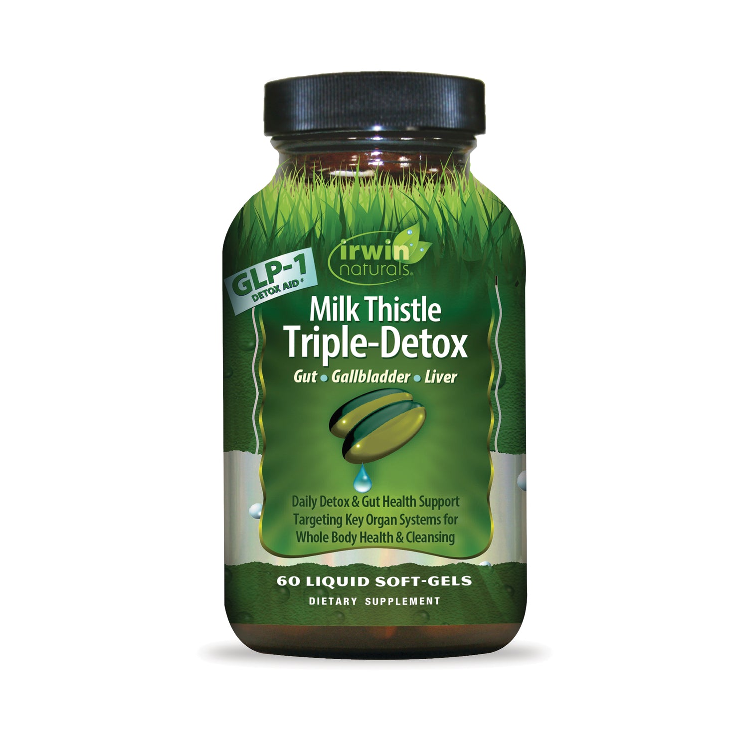 IR309 | Green bottle labeled Milk Thistle Triple-Detox dietary supplement, 60 liquid soft-gels