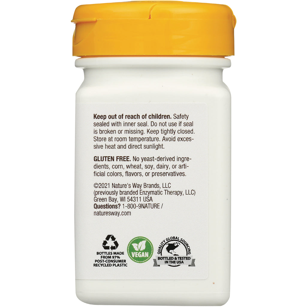 Back label of white supplement bottle showing safety instructions, gluten free statement, and vegan and recycling icons - Thumbnail