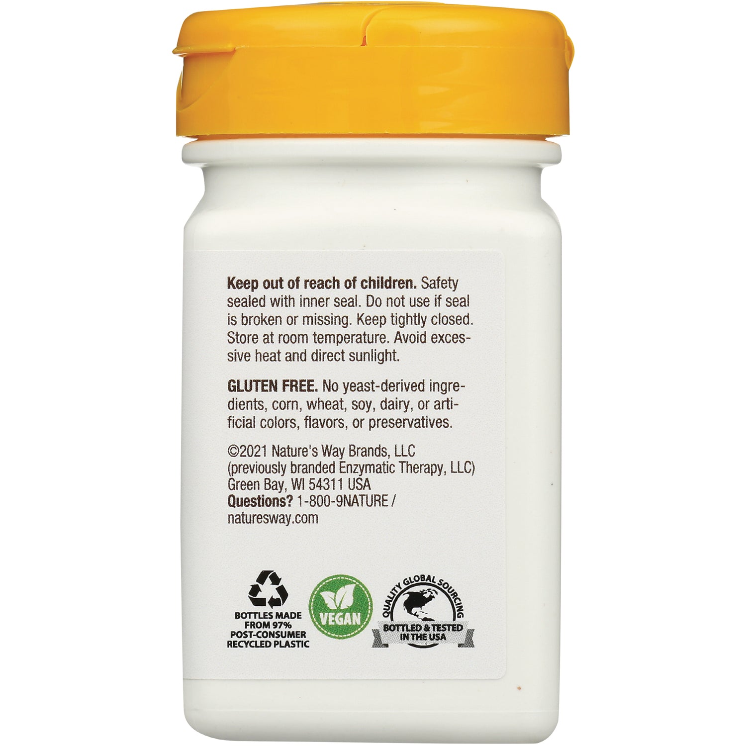 Back label of white supplement bottle showing safety instructions, gluten free statement, and vegan and recycling icons