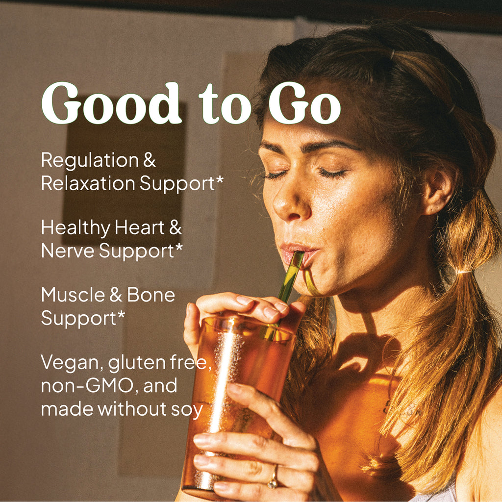 KL590 | Good to Go infographic showing woman sipping a drink and text listing regulation, heart, muscle support and vegan non-GMO - Thumbnail