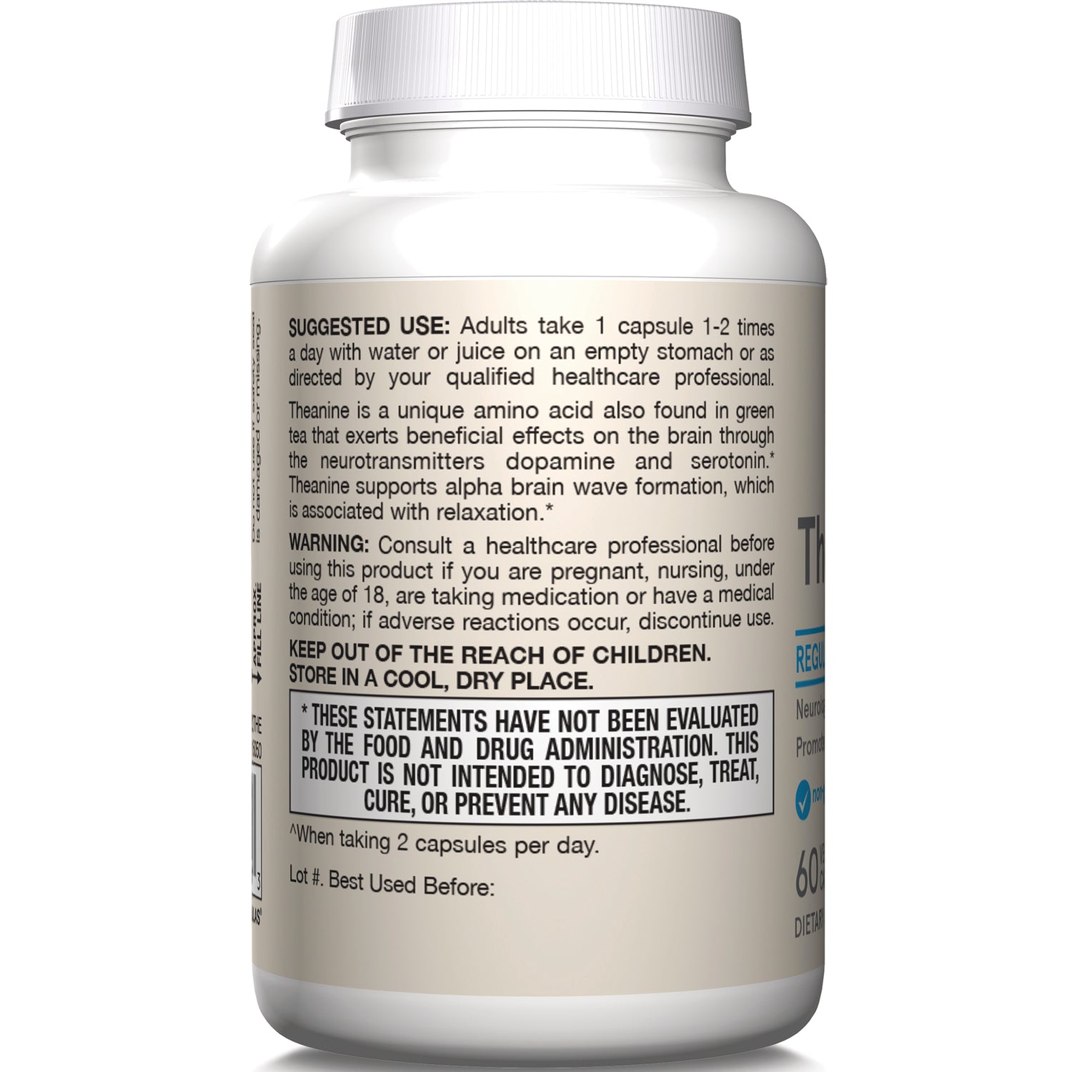 JR045 | Back label of supplement bottle showing suggested use, warnings, and FDA disclaimer