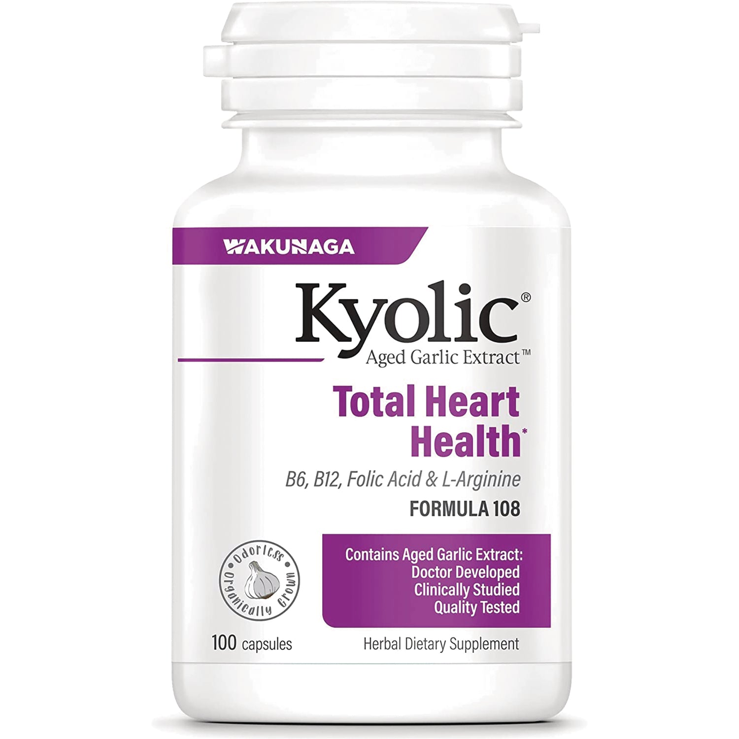 KY075 | Kyolic Total Heart Health aged garlic extract white supplement bottle labeled 100 capsules
