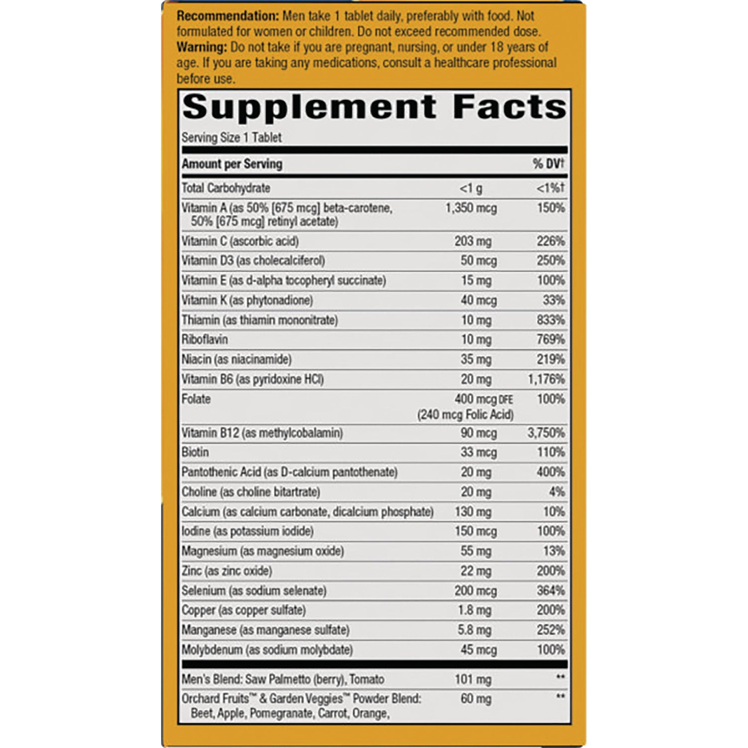 NW708 | Supplement Facts panel listing serving size, vitamins and minerals with amounts and % daily values
