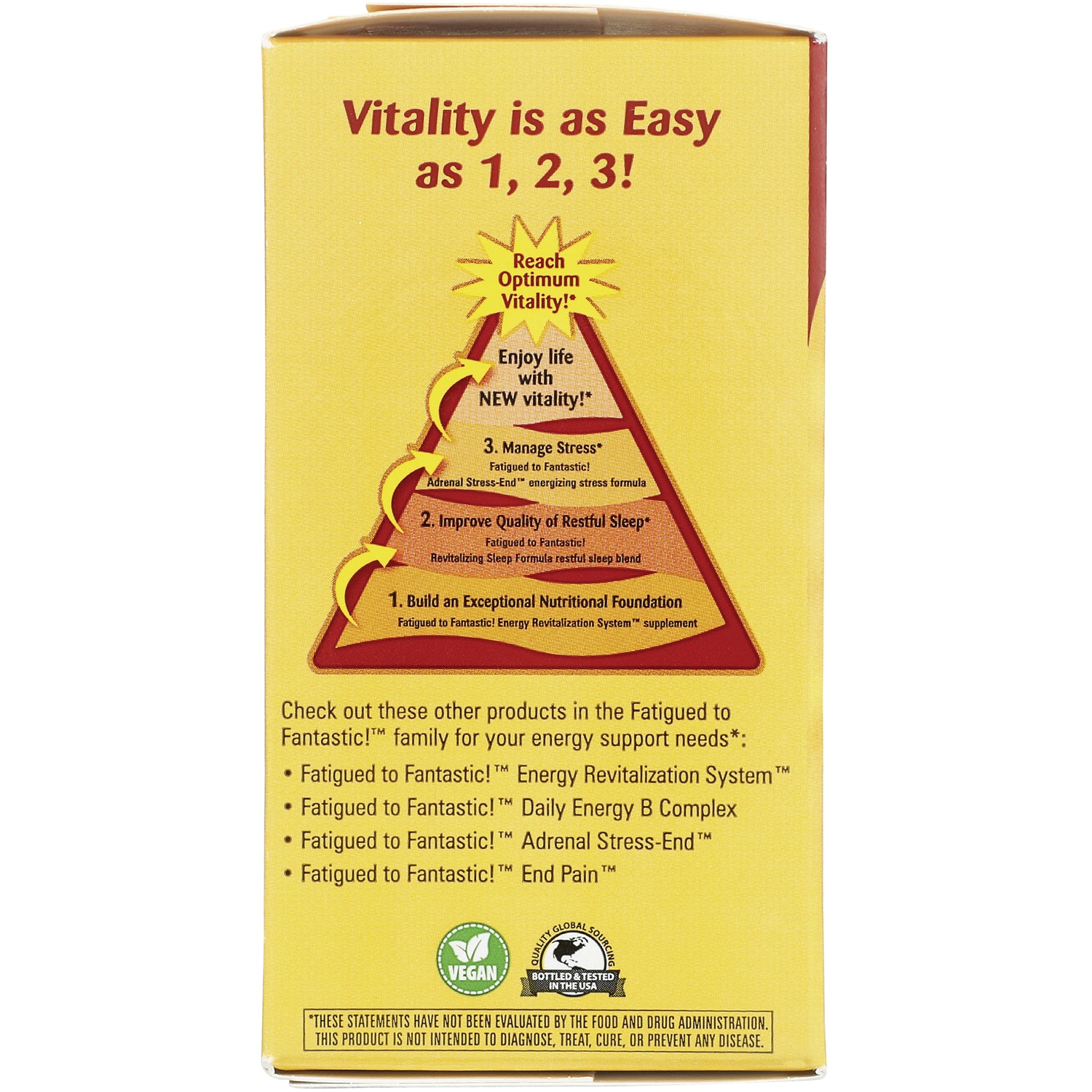 ET382 | pyramid infographic titled Vitality is as Easy as 1, 2, 3 showing three-step vitality program and product family list