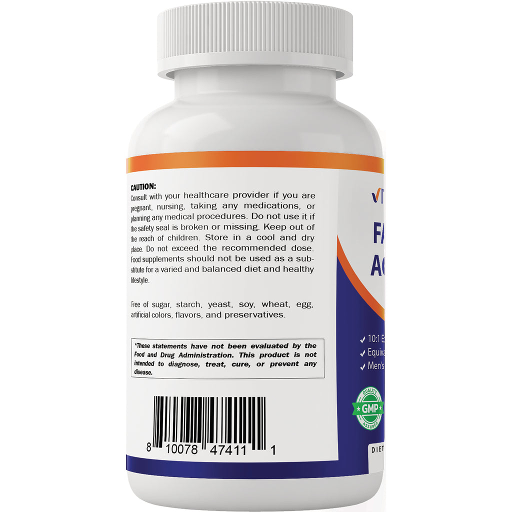 VAM010 | Back of supplement bottle with caution, allergen-free list, FDA disclaimer, barcode, and GMP seal - Thumbnail