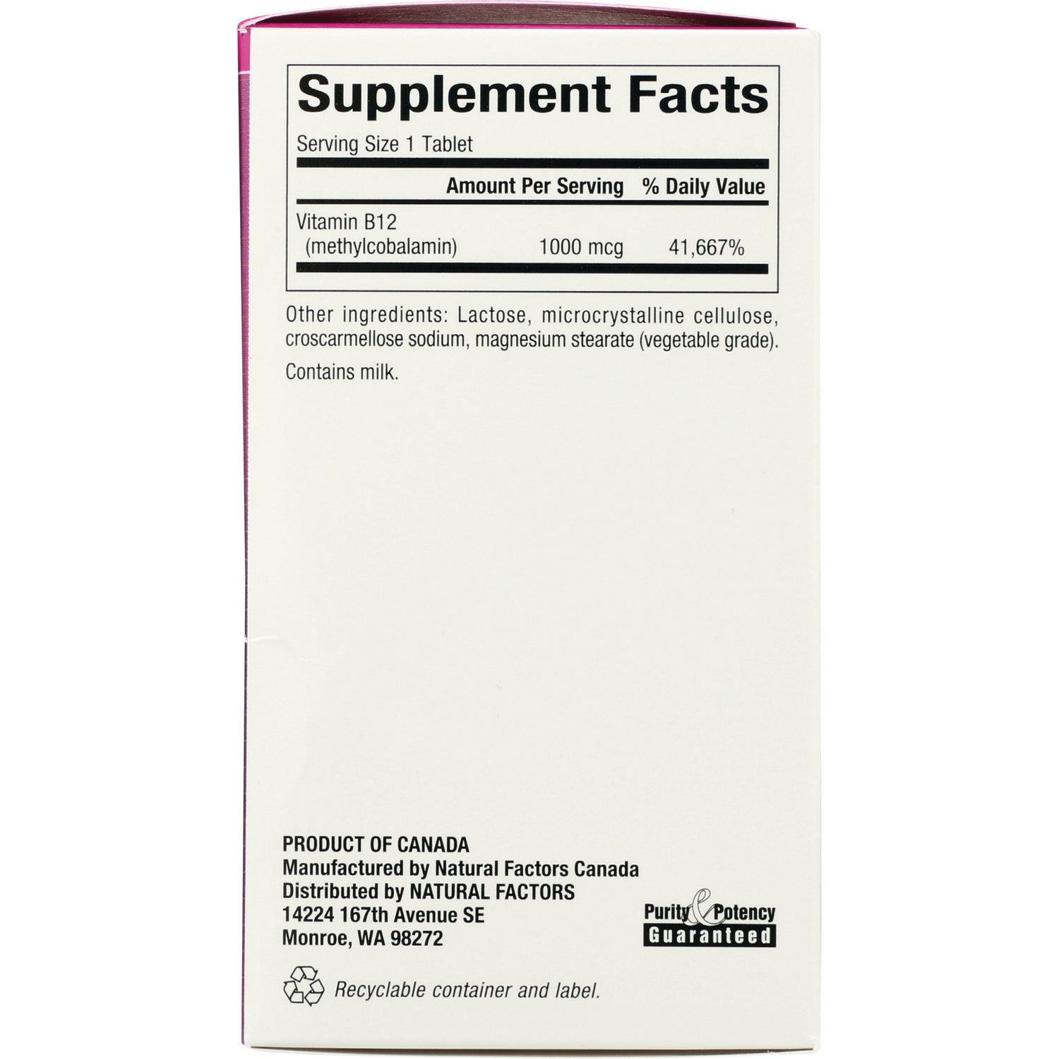 NFC107 | Back of supplement box showing Supplement Facts panel listing Vitamin B12 1000 mcg, other ingredients and manufacturer info
