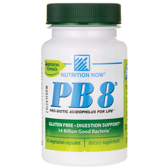 NTN029 | white supplement bottle with green cap labeled NUTRITION NOW PB8 probiotic 60 vegetarian capsules gluten free digestion support