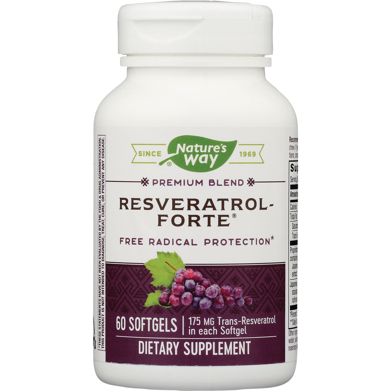 ET434 | Nature's Way Resveratrol-Forte dietary supplement bottle, 60 softgels label visible