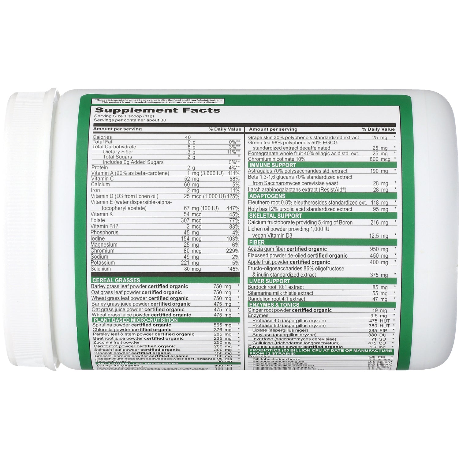 VH002 | Back label showing Supplement Facts and ingredients panel
